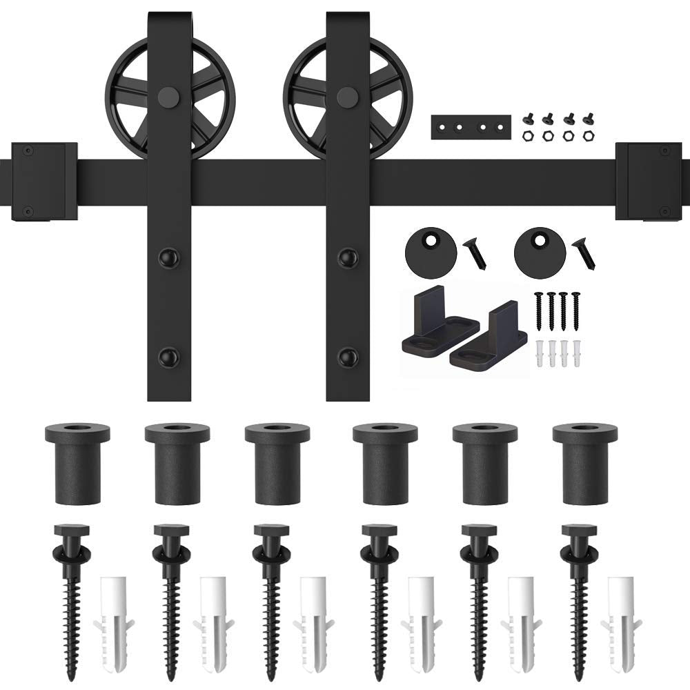 WINSOON 5-16FT Single Wood Sliding Barn Door Hardware Kit 8FT Basic Black Big Spoke Wheel Roller Garage Closet Carbon Steel Flat Track System (8FT)