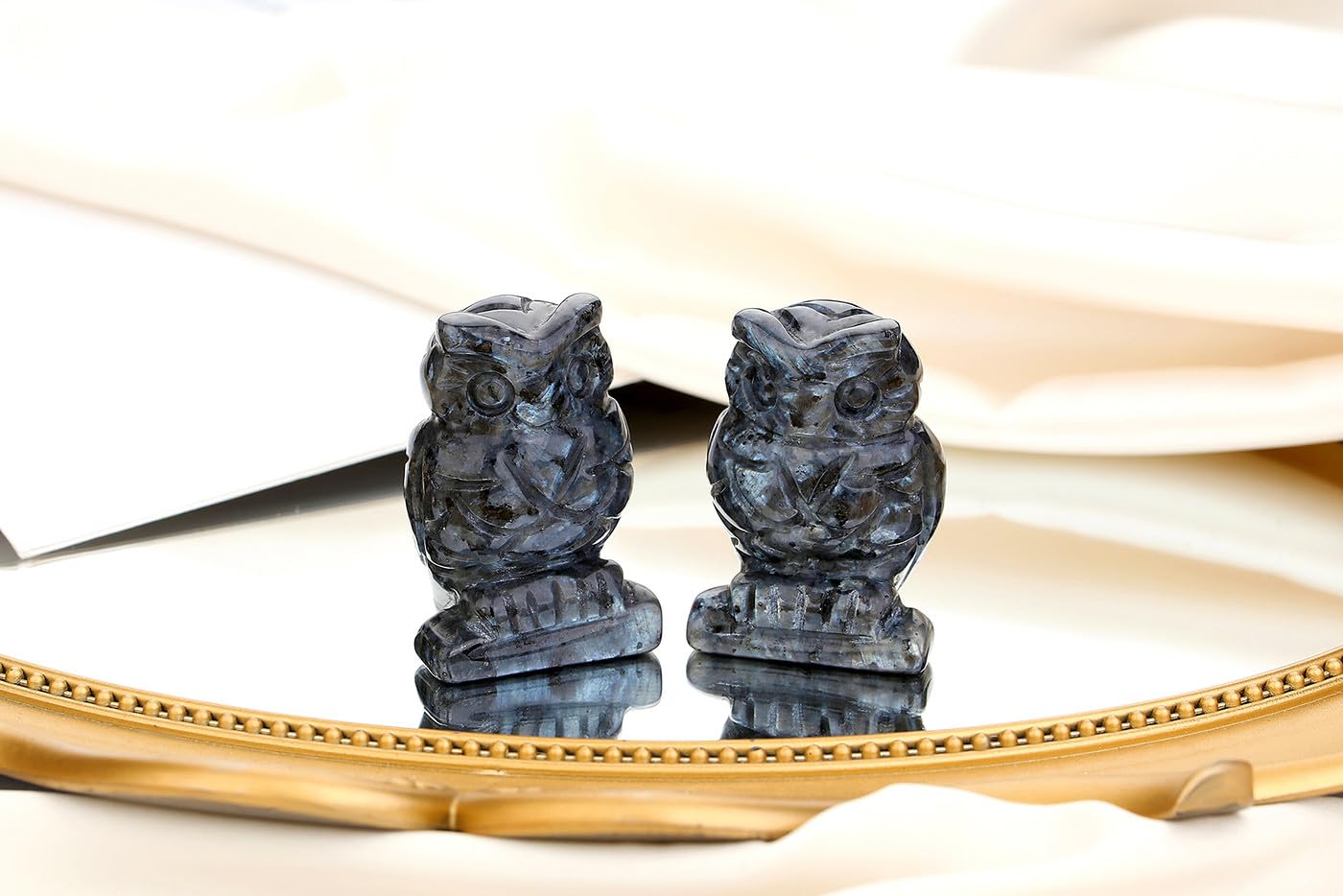QINJIEJIE 2" Black Labradorite Crystals Owl Decor Stone Figurines Owls Statue Gifts Gemstone Home Sculpture Decorations Pocket Polished Cute Room Desk Gift for Men Women