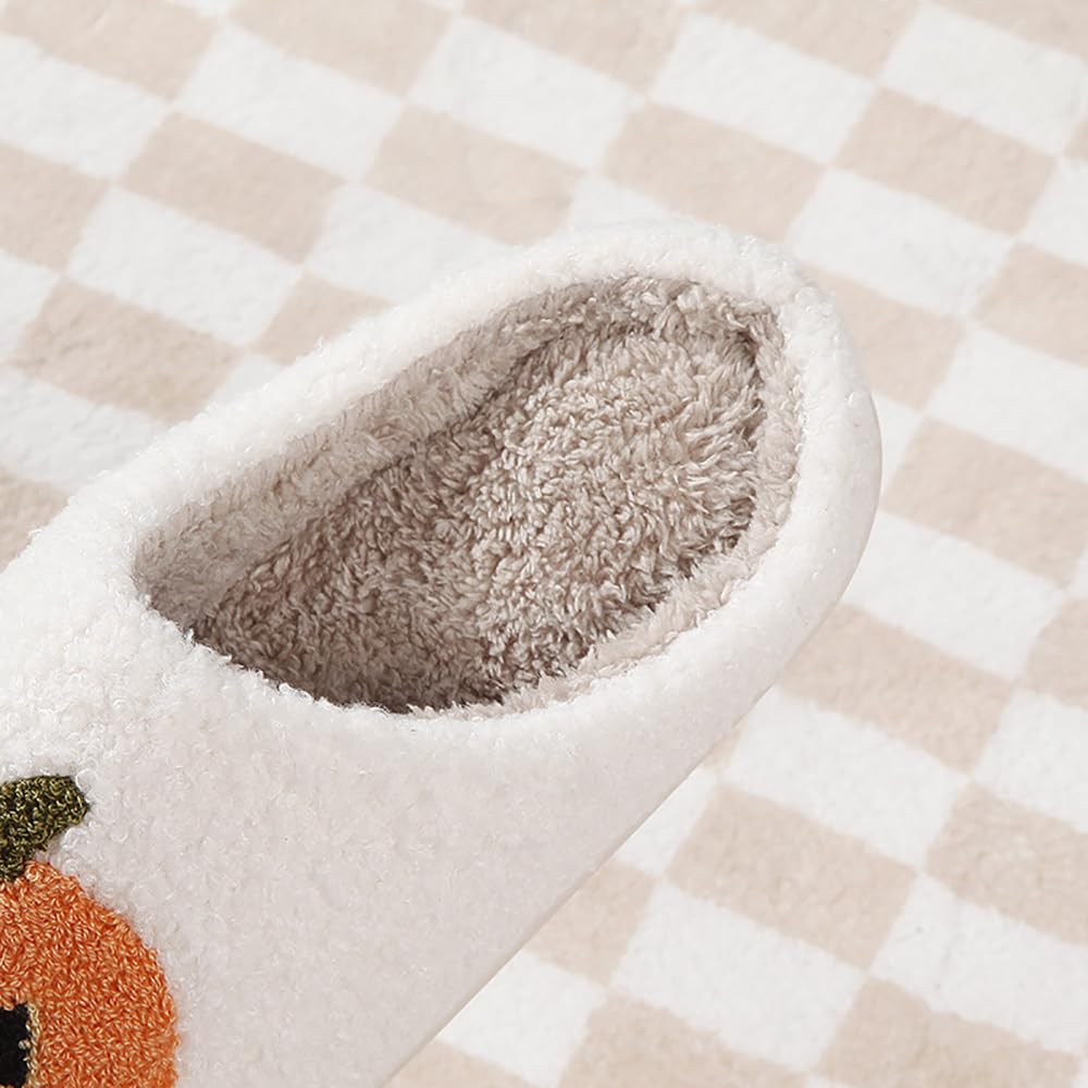 HIPINISS Halloween Pumpkin Slippers for Women Men Halloween Spooky Lantern Pumpkin Plush Warm Slippers Indoor Outdoor Memory Foam House Home Winter Shoes,Pumpkin White 43-44