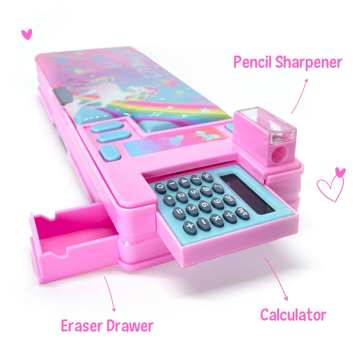 Hot Focus Unicorn Pencil Case – Multifunction Mechanical Pencil Box for Girls, 2 Compartments w/Pop-Out Calculator & Sharpener, Stationery Set, Perfect Stationery Gift for Kids & Teens (Unicorn)