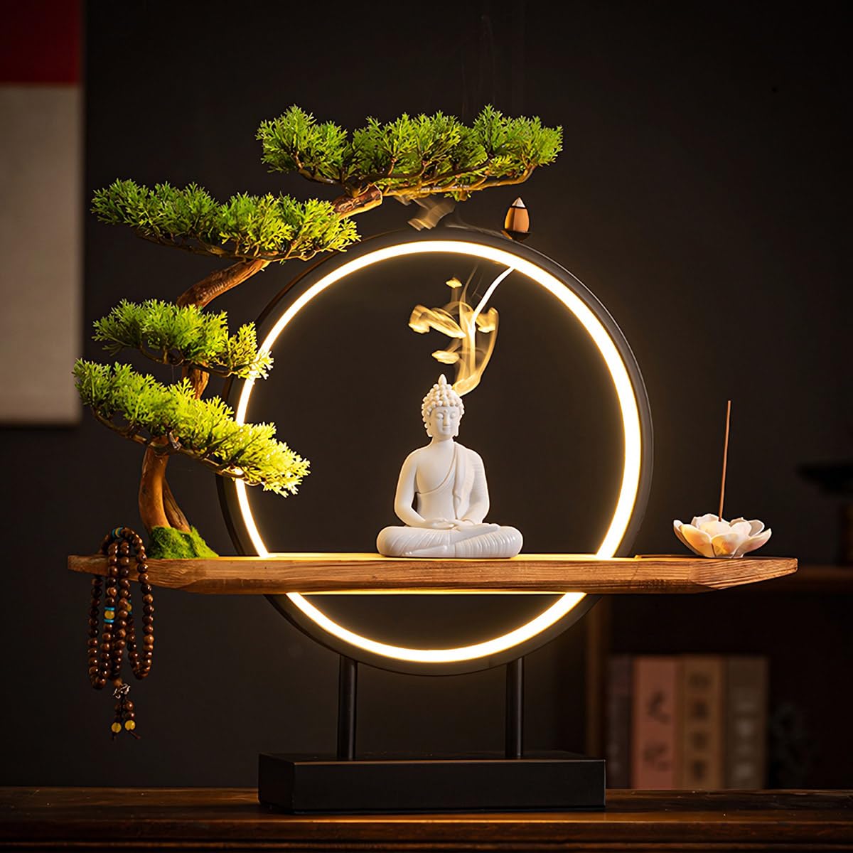 TXYXT Shakyamuni Buddha Ceramic Statue Indoor Backflow Incense Burner with Led Ring Light，Meditation Decoration for Home and Office, Suitable for Cone and Stick Incense