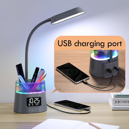 WILIT LED Desk Lamp for College Dorm Room Essentials, Students Study Lamp with USB Charging Port, Pen Holder, Clock & RGB Night Light, Office Desk Accessories, Table Lamp for Bedroom - Gray