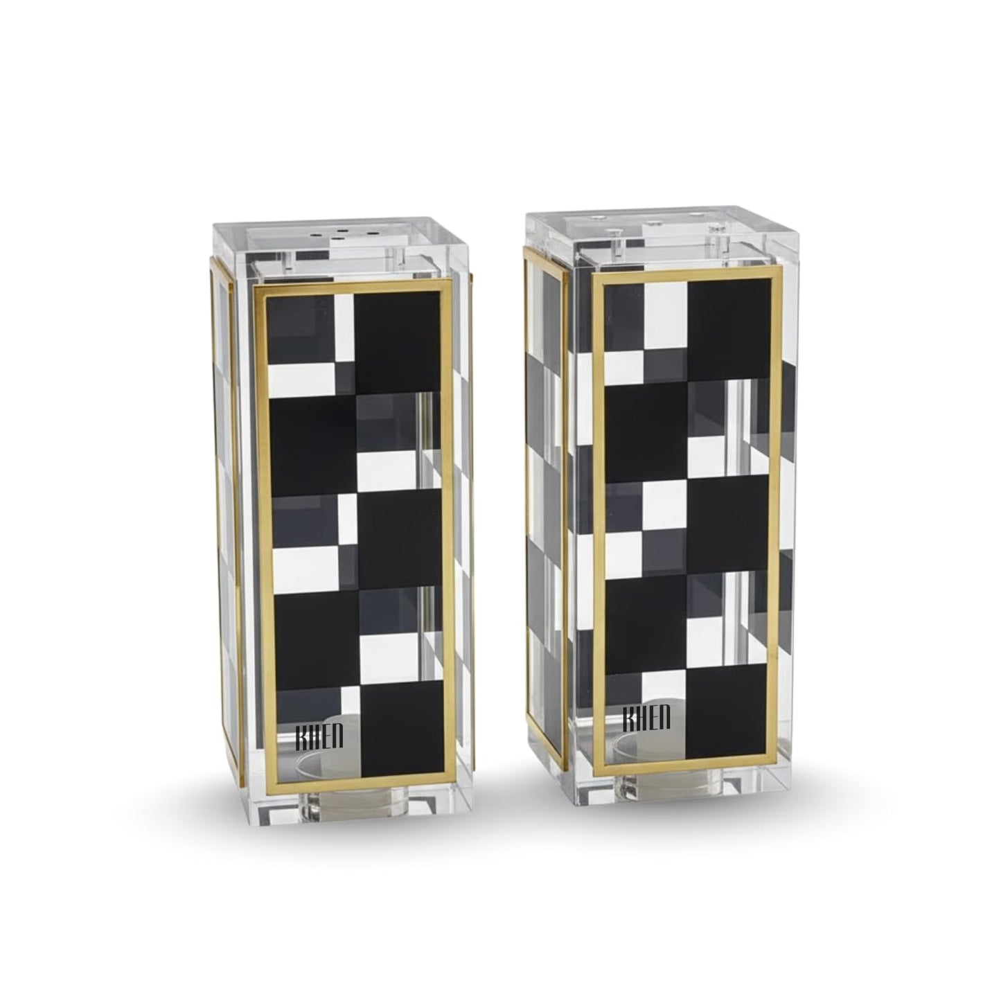 Black and White Checkered Salt and Pepper Shakers Set - Luxurious Lucite Acrylic Square Design - Modern 2.4" x 3.5" Refillable Dispensers - Elegant Kitchen Decor, Dining Table Unique Housewarming Gift
