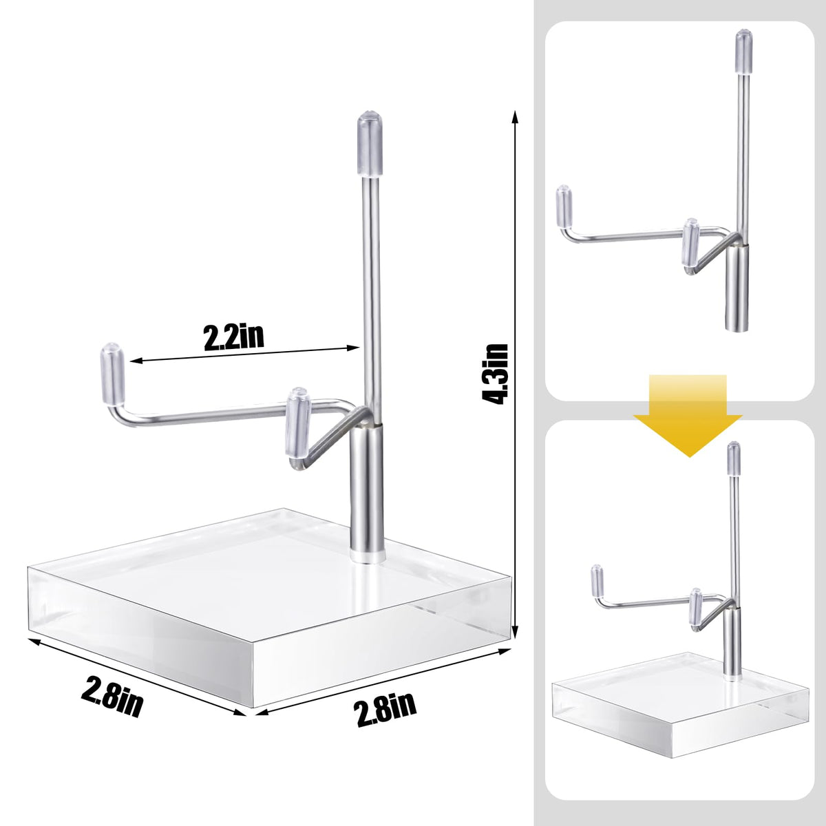 Suzile 4 Pcs Adjustable Metal Arm Display Stand Easel with Acrylic Base Rock Display Easel Holder Acrylic Crystal Clear Plate Stand for Geodes Mineral Agate(Silver,2.8 x 2.8 x 4 Inch)