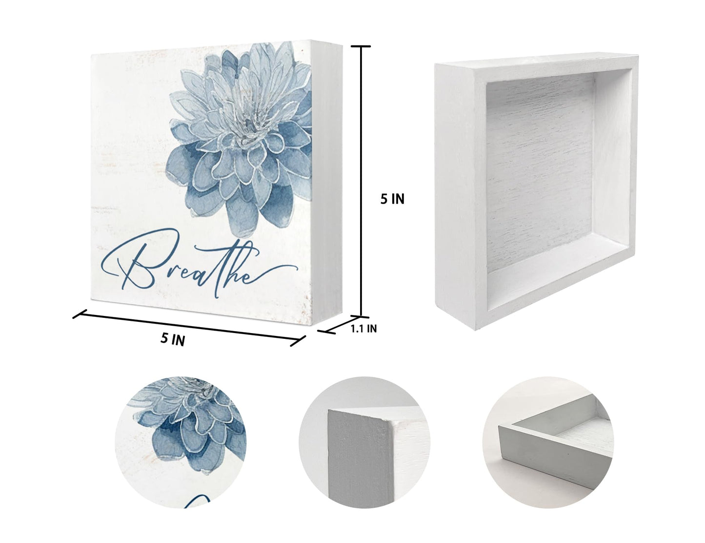 Mtrgdn Blue Bathroom Decor,Spa Bathroom Decor and Accessories,Breathe Blue Flower Wooden Box Sig for Home Spa Room Beauty Salon Decoration,5X5 Inch