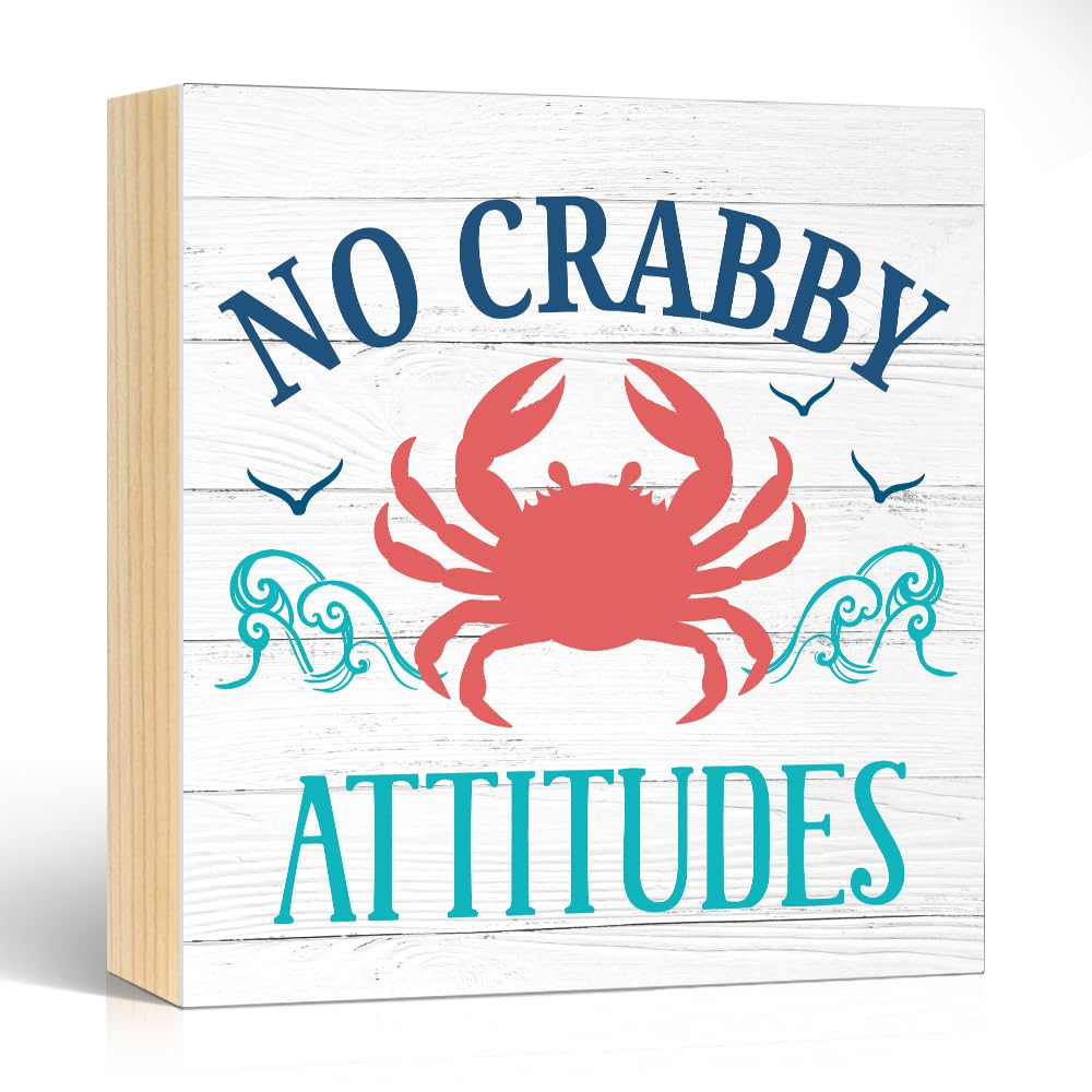 Pishovi No Crabby Attitudes Wooden Box Sign, Inspirational Phrase Decorative Plaque for Home Kitchen Bathroom Bar Café, Beach Theme Desk Plaque, Housewarming Gifts for Friend Coworker