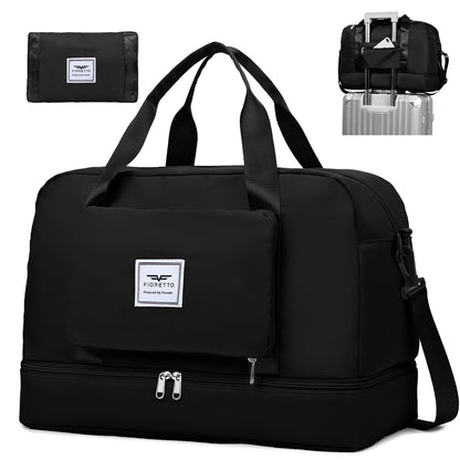 FIORETTO Womens Foldable Weekend Bag Overnight Hospital Bag with Shoes Compartment & Wet Pocket, Water Resistant Gym Bag Duffle Bag Travel Bag Holdall for Women Men Black