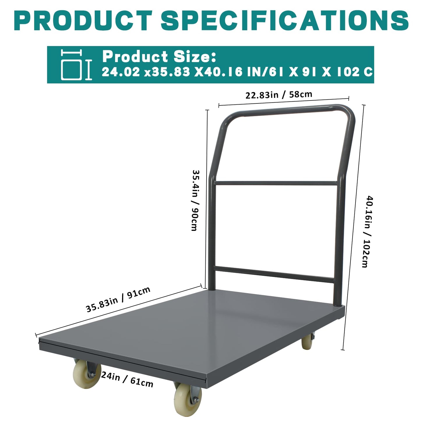 Heavy Duty Platform Truck Moving Flatbed Cart, 2000 LBS Dolly Cart Flatform with Wheels and Handle, 24"" x36 Push Dolly, Steel Flatbed Cart for Luggage Moving, Shopping (24"" x36)