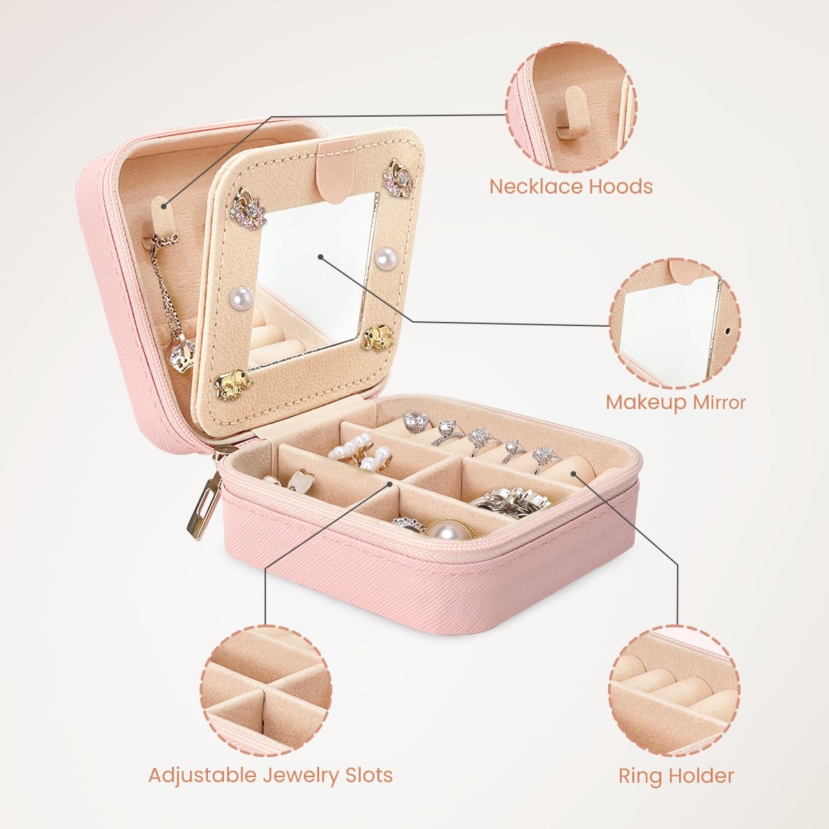 SANDJEST Personalized Jewelry Box, Pink Travel Jewelry Box with Initial A, Small Monogrammed Jewelry Case Organizer for Girls Women Teen Kids, Mini Travel Essentials Gifts for Birthday Christmas