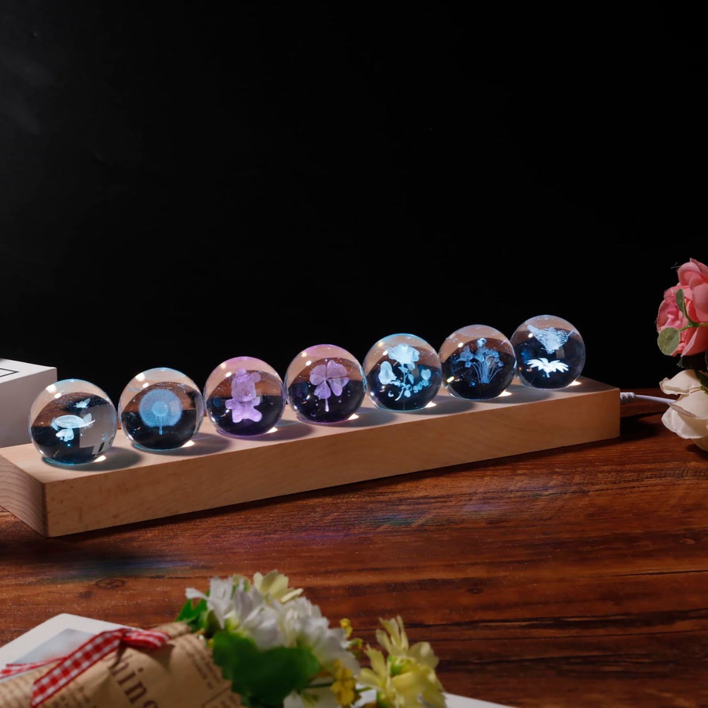 Dokscdlo 7 Pcs Flower Crystal Ball Night Light with LED Wooden Base, 3D Dandelion, Four-Leaf Clover, Mushroom, Rose, Tulip Plant Lamp for Home Office Gifts for Christmas Decor