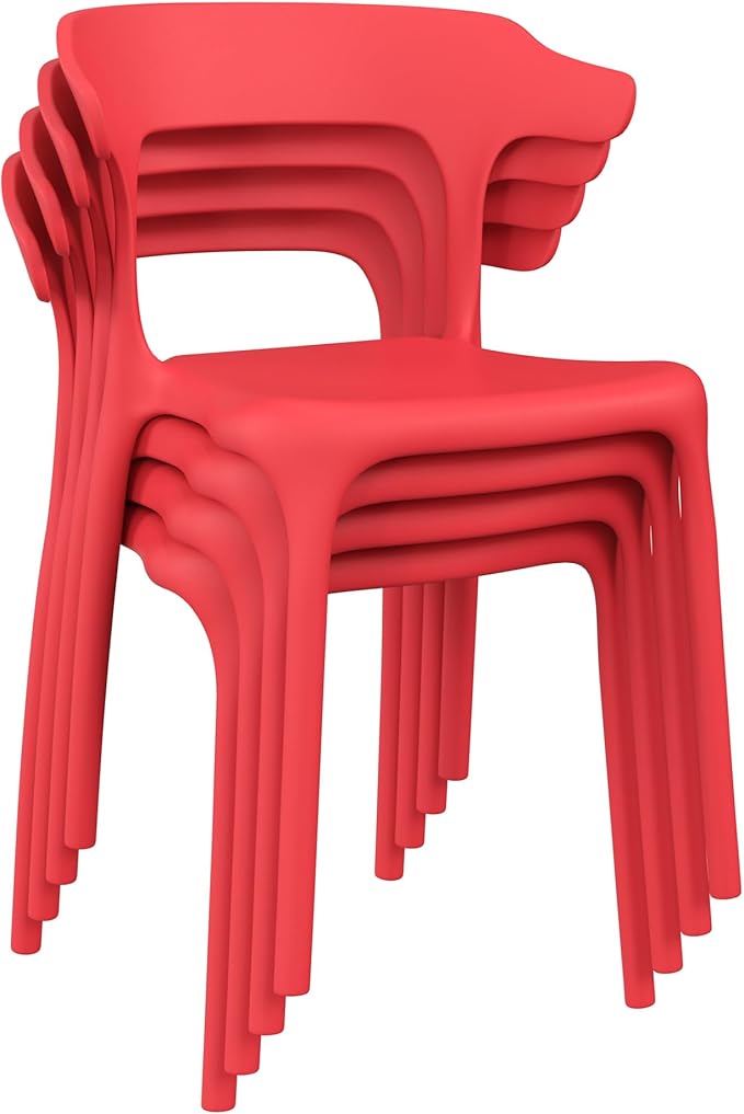 VECELO 4 Pack Plastic Stacking Chairs, Stackable Dining Chairs for Kitchen Restaurant Patio, Portable Indoor Outdoor Use, No Assembly Required, Red