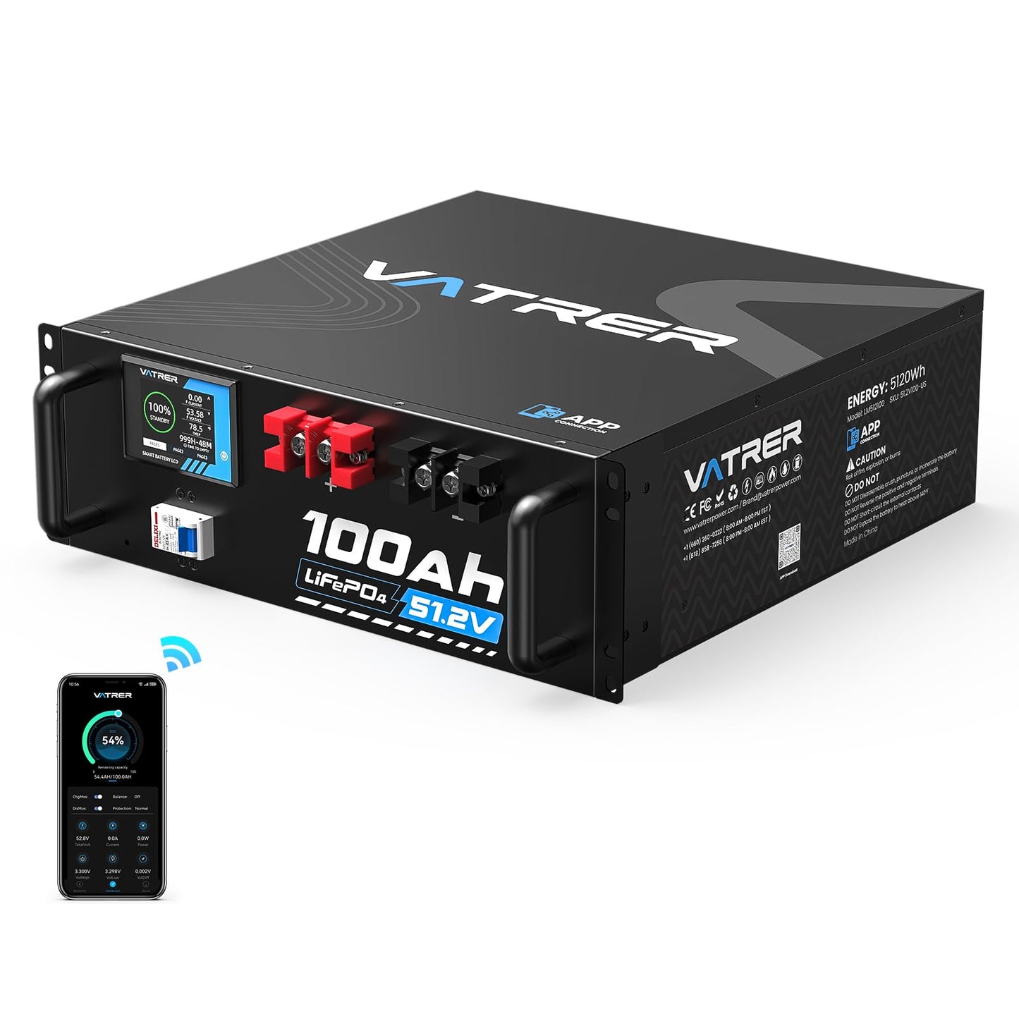 VATRER POWER 48V 100AH Lithium LiFePO4 Battery, Built-in 100A BMS, with Touchable Smart Display & Mobile APP, Max. 4800W Power Output, 5000+ Cycles, Perfect for Solar System &Off-Grid Applications