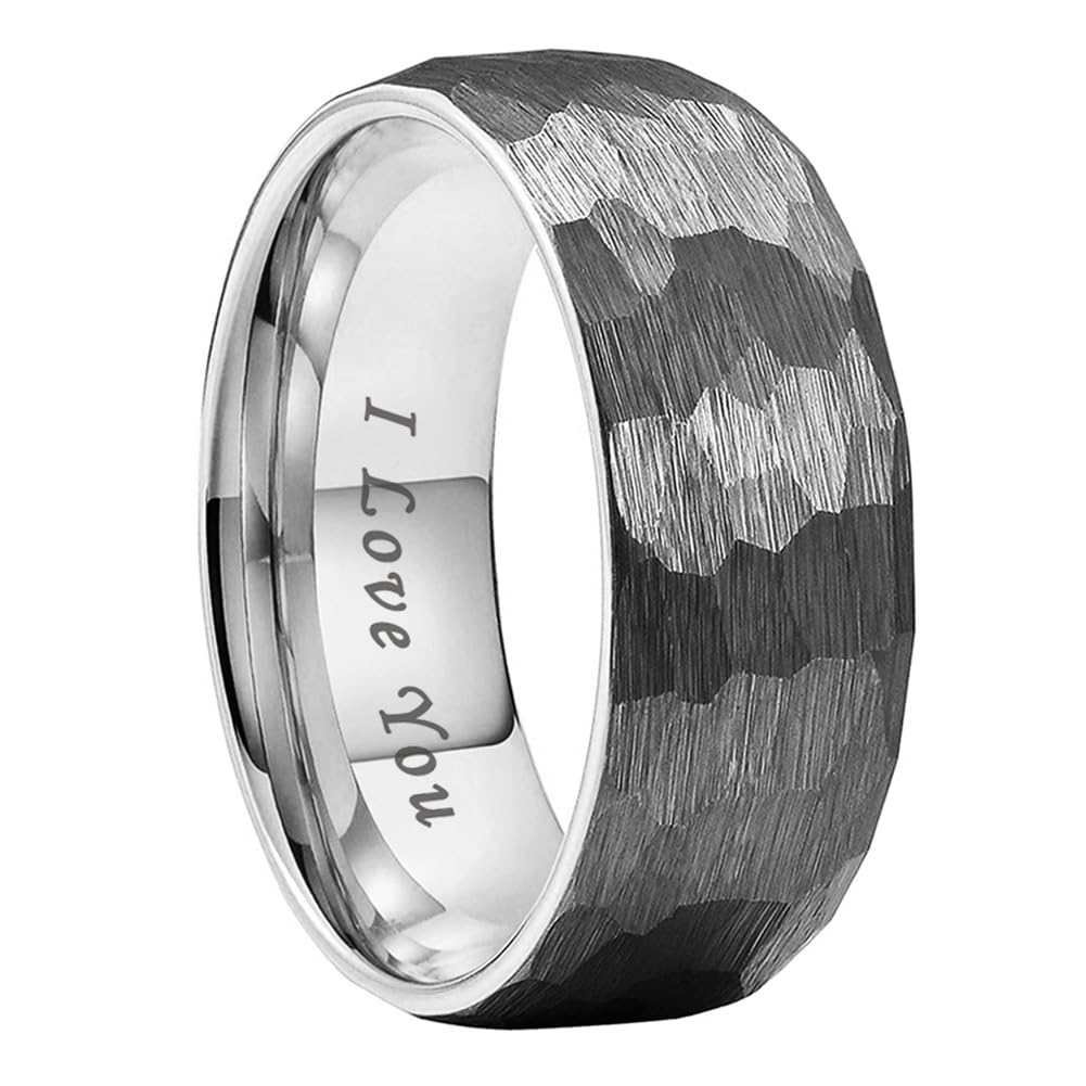 TUTISS 8mm Hammered Tungsten Carbide Rings for Men Women Engagement Wedding Bands Domed I Love You Engraved Comfort Fit Size 7