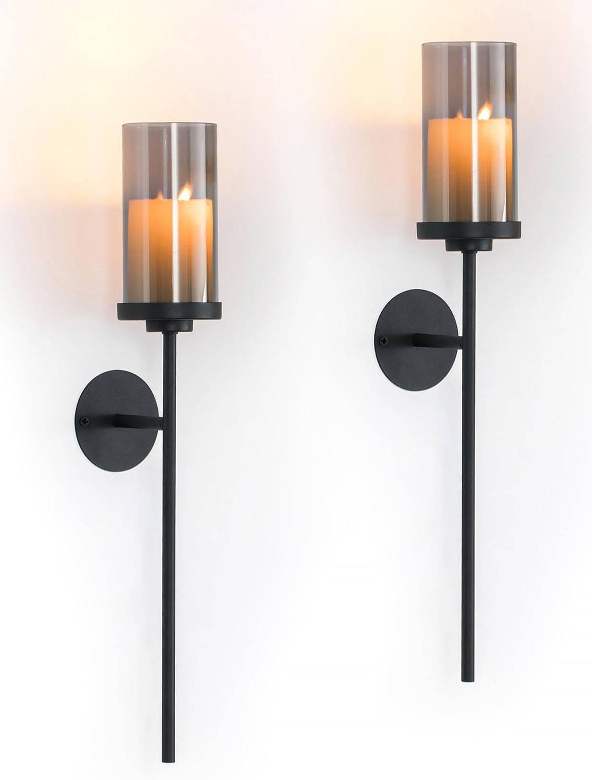 Walasis Black Wall Candle Holder Decor: 22 Inch Metal Long Candle Sconces with Smokey Grey Hurricane Modern Minimalist Decoration for Hallway Living Room Beside Fireplace TV