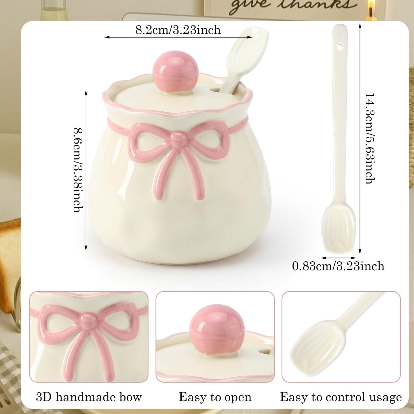 Ferrochef 2 Pcs Pink Bow Salt and Pepper Containers Cute Sugar Container with Lid Ceramic Salt and Pepper Cellars with Lids Spoons Pink Kitchen Gift for Women Coquette Decors for Spice Housewarming