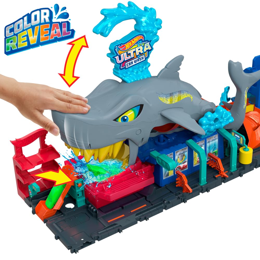 Hot Wheels Let's Race Netflix - City Toy Car Track Set, Ultra Shark Car Wash with 1:64 Scale Color Reveal Toy Car, Repeat Color-Change Feature, Storage, HTN82