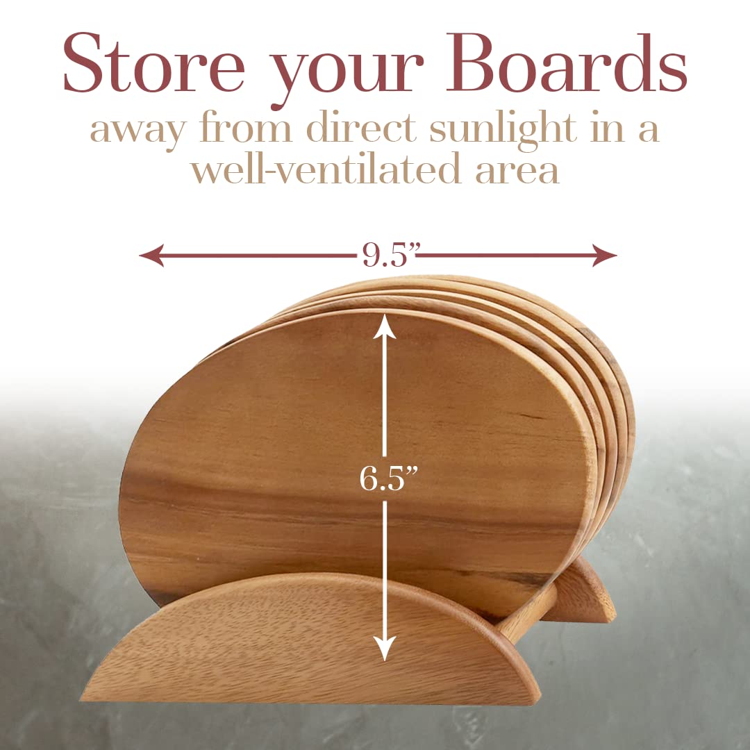 Woodard & Charles 6 Acacia Wood Serving Boards with Stand, Perfect for Serving, Sushi, Cheese, Hors d'oeuvre, Charcuterie, Sandwiches, 7 Piece Set, 9 1/2" x 6 1/2"
