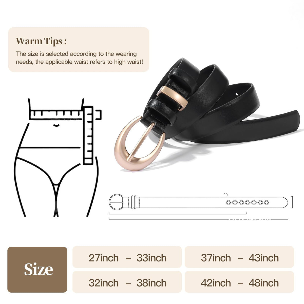 KONQUWA Women's Cow Leather Belt for Jeans Pants Fashion Ladies Skinny Dress Waist belt with Gold Buckle (Black/Matte Buckle,32″-38″)