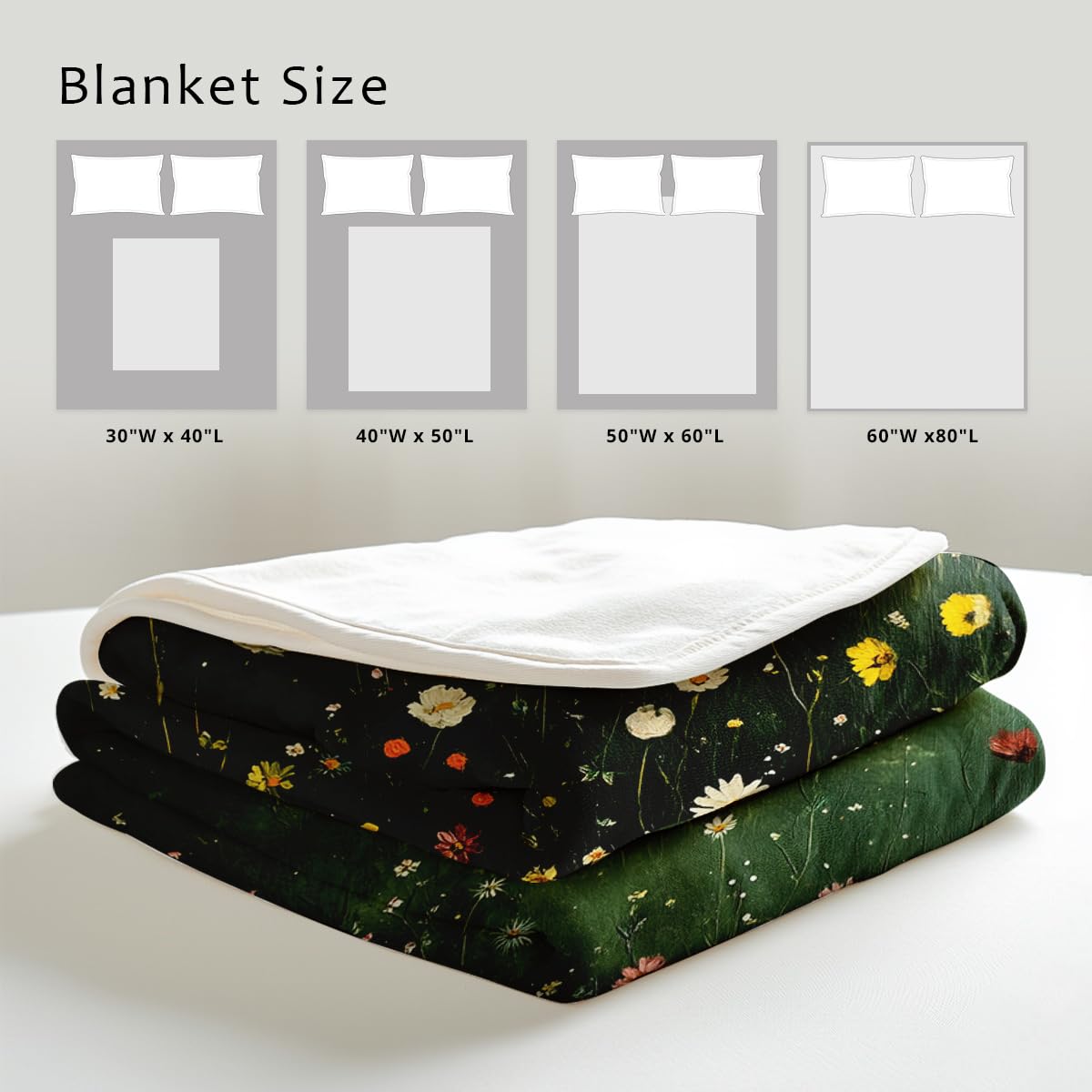 HUNXIAOJ Wildflower Print Blanket Flower Throw Blanket for Couch Bed Chair Soft Green Floral Flannel Throw Wildflower Decor Gifts (49"x59")