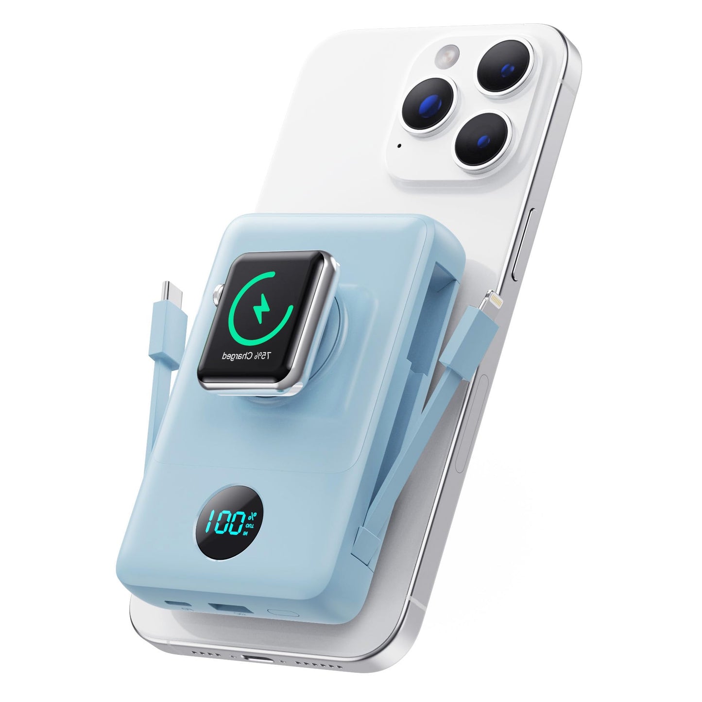 Magnetic Portable Charger for iPhone with Built-in Cables, 6-in-1 10800mAh Power Bank with iWatch Charger & LCD Display,25W PD Fast Charging Battery Pack for Magsafe,iPhone 16/15/14/13/12,Apple Watch