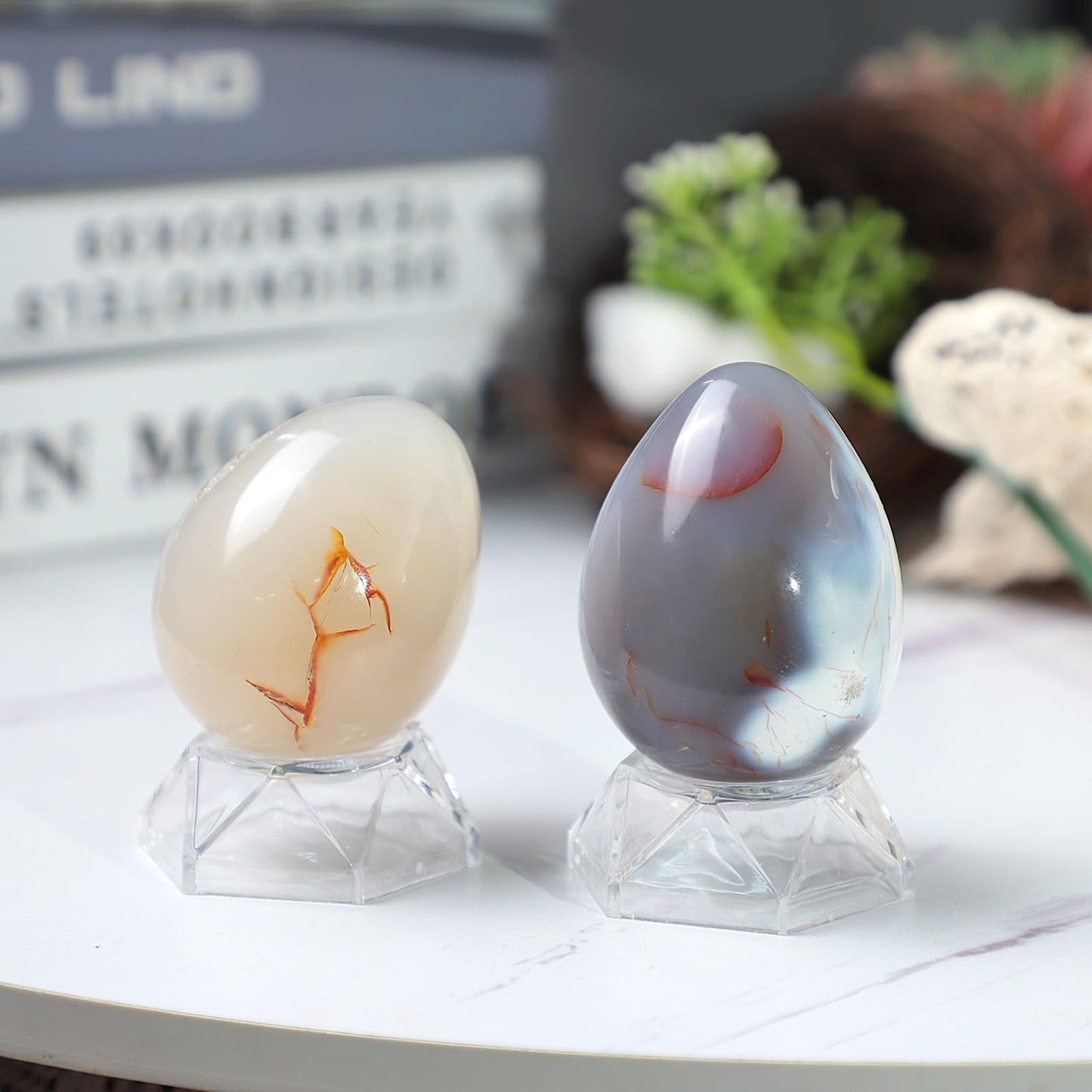 mookaitedecor Natural Orca Agate Crystal Egg Decor, Polished Geode Stone Egg with Acrylic Stand for Easter Home Tabletop Display, 60-75 mm High, 201-300g