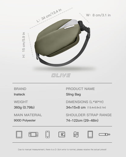 Inateck Sling Bag X, Multi-pocket Crossbody Shoulder Chest Bag with Adjustable Shoulder Strap, Water-resistant Waist Fanny Pack for Men, Women, Travel, Daily Use, Cycling, Hiking, Black, Large