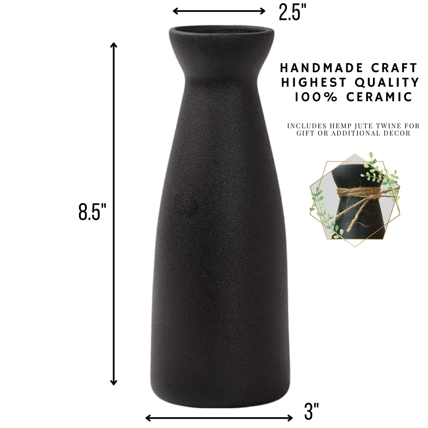 W.Z WOODZIA Black Ceramic Vase for Pampas Grass, Modern Boho Home Decor Style, Perfect for Decorative Dried Flowers or Dining Table Centerpieces [Pampass Not Included] (Black), WZ-2