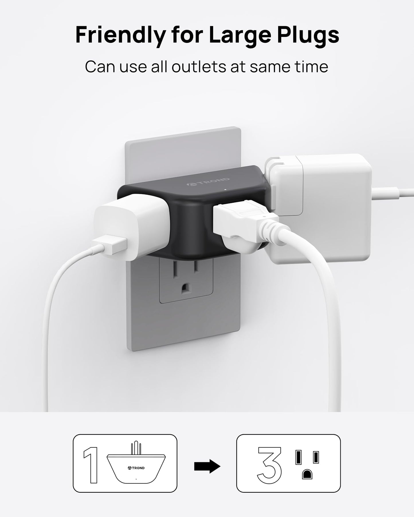 TROND Multi Plug Outlet Extender 2 Pack - Electrical Wall Splitter, 3 Way Angled Wall Outlet Adapter, Cruise Essentials, Small Multiple Plug Expander for Cruise Ship Home Office Dorm Room, White