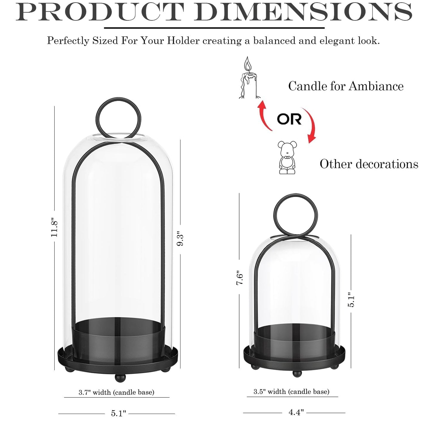 ECLSDL Hurricane Glass Candle Holders for Pillar Candles Set of 2 (5" & 4" Wide), Black Metal Candlestick Holders, Modern Decorative Centerpiece Lanterns for Table Mantel Wedding Housewarming Gift