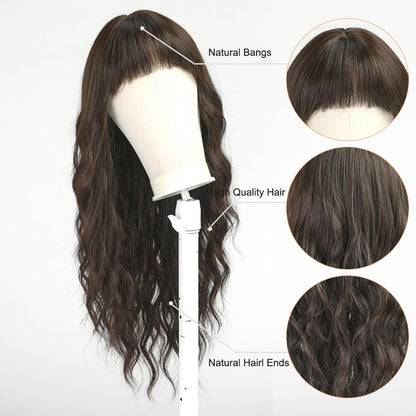 Esmee Long Wavy Black Brown Wig for Women Natural Synthetic Hair Heat Resistant Wigs with Fringe