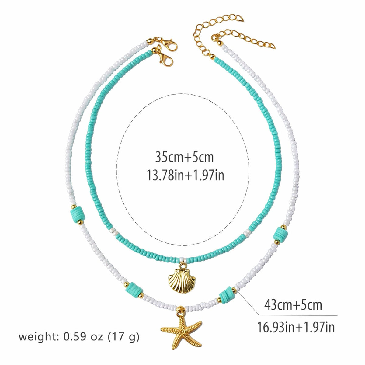 NMZH Shell Starfish Pendant Layered Necklace Set，2 Pcs Boho Y2k Blue White Beaded Gold Seashell Star Charm Choker Summer Beach Ocean Dainty Adjustable Trendy for Women Jewelry Gifts (Blue)