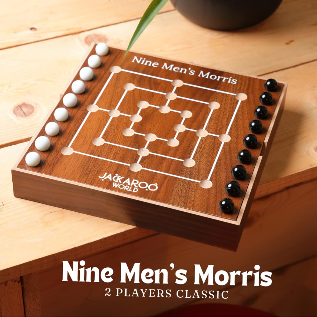 Jackaroo World Nine Mens Morris Board Game, Marble Strategy Game, Solid Wooden Game Set with 18 Marbles, 2 Player Games, Ancient Board Games, 9 Mens Morris Game Mill, Marble Board Game Wooden (Walnut)
