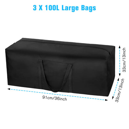 3 Pack 100L Capacity Travel Duffle Bag, Large Holdall Folding Heavy Duty 600D Oxford Fabric Long Storage Luggage Bags with Zips for Moving Camping (Black)