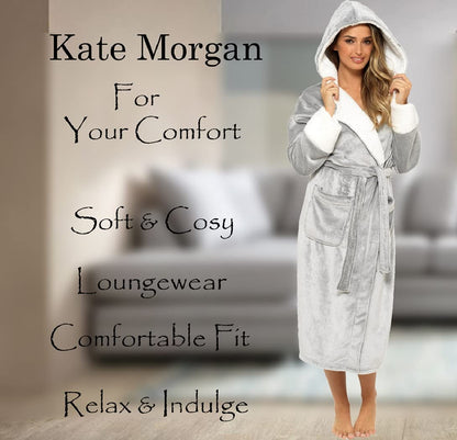 KATE MORGAN Ladies Dressing Gown Fluffy Super Soft Hooded Bathrobe for Women Plush Fleece Perfect Loungewear Long Robe | Gifts for Women 16-18 Grey Shimmer