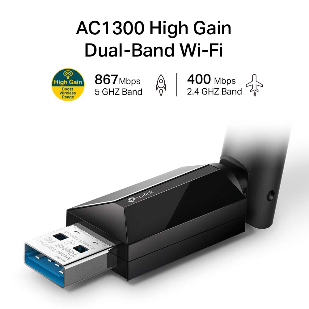 TP-Link Archer T3U Plus WiFi Dongle, AC1300 High Gain Wireless WiFi Adapter, Dual Band USB 3.0 MU-MIMO WiFi Dongle with 5dBi Antenna for PC/Desktop/Laptop, Supports Windows 11/10/8.1/8/7XP, Mac OS
