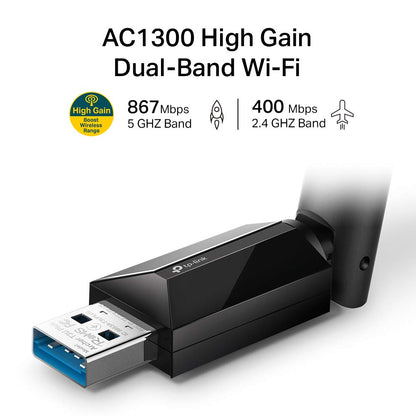 TP-Link Archer T3U Plus WiFi Dongle, AC1300 High Gain Wireless WiFi Adapter, Dual Band USB 3.0 MU-MIMO WiFi Dongle with 5dBi Antenna for PC/Desktop/Laptop, Supports Windows 11/10/8.1/8/7XP, Mac OS