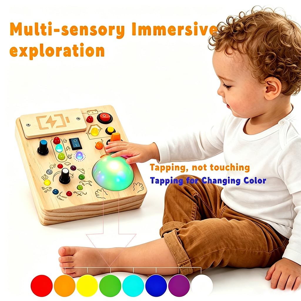 IRUPEN Montessori Busy Board for Toddlers 1-3 Year Old, Sensory Activity Toys for Baby Aged 1 2 3 Years Old with LED Light Switches, Wooden Travel Toys for Boys Girls Gift (Tap Light Busy Board)