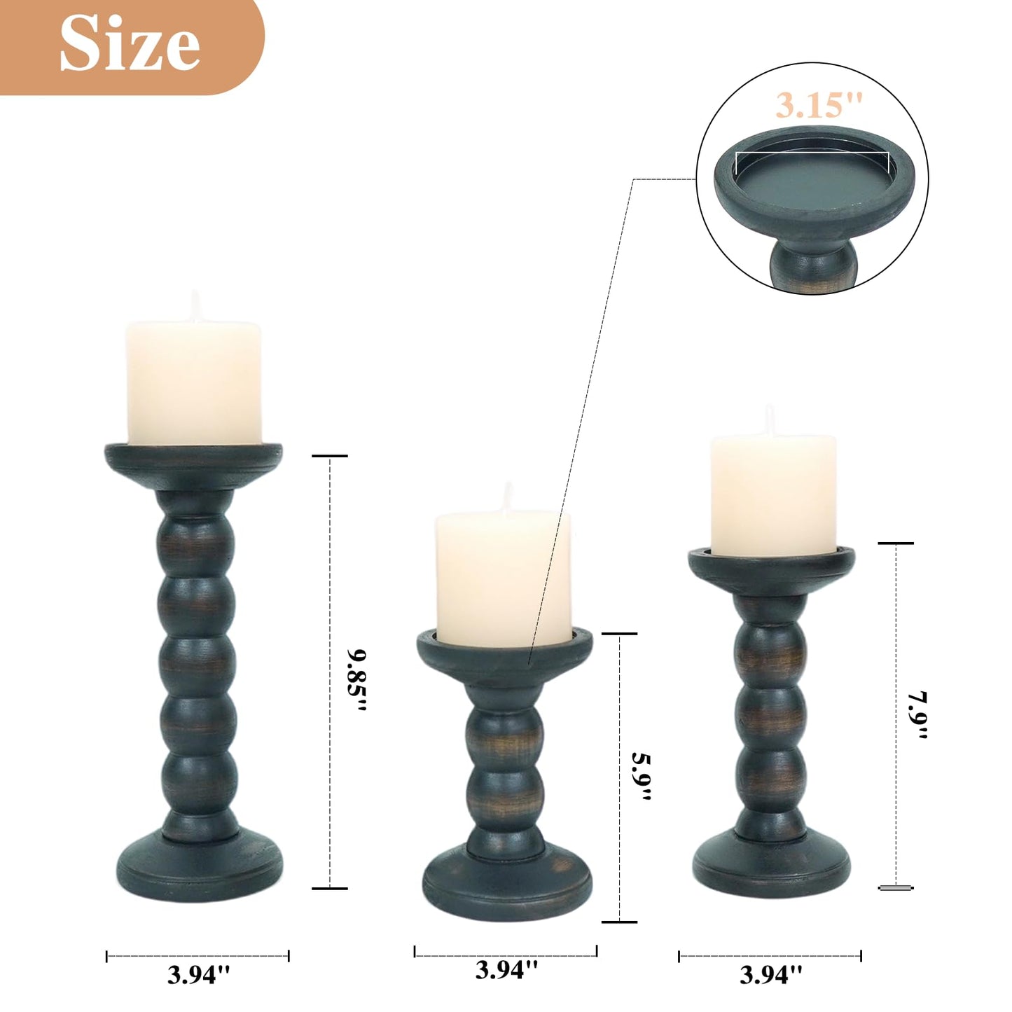 HuiDao Solid Wood Candle Holder, 3Pcs Rustic Black Candle Holders for Pillar Candles, Decorative Candle Holders Distressed Wooden Farmhouse Candle Holder Large for Fireplace Table