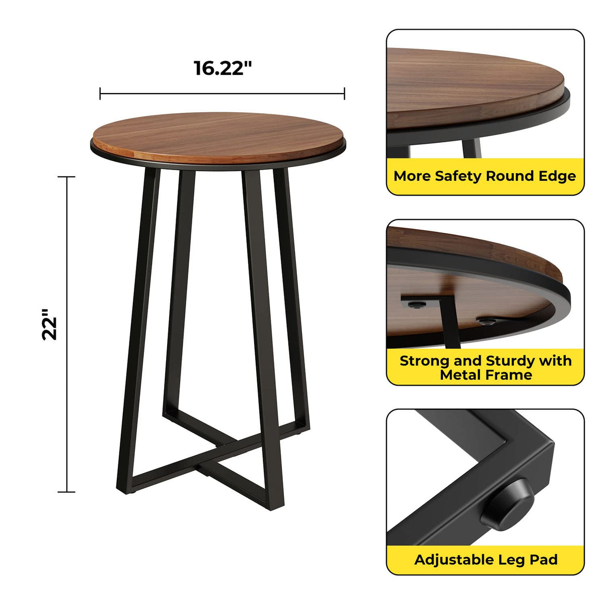 Dorriss Round End Tables, Small Side Table Walnut Color MDF Top, Metal Frame Black, Tall End Table for Bed Room, Coffee Tea End Table for Living Room(Walnut+Black)