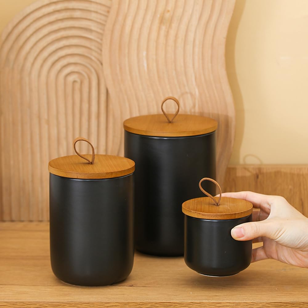 Jueison Ceramic Storage Jars, Modern Elegant Highly Polished Airtight Gorgeous Storage Canisters with Wooden Lid Small Food Stroage Jar for Kitchen Spice Tea Vanilla Sugar Coffee Beans (Black trumpet)