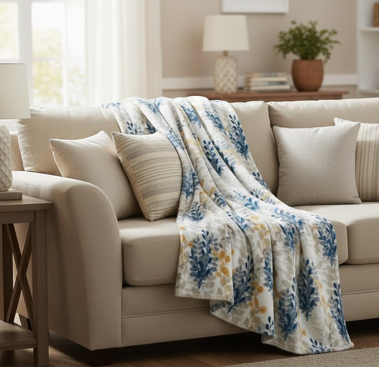 Floral Fleece Throw Blanket: Botanical Velvety Soft, Durable Accent for Bed or Couch Teal and Yellow Leaves, 50 x 70 inches