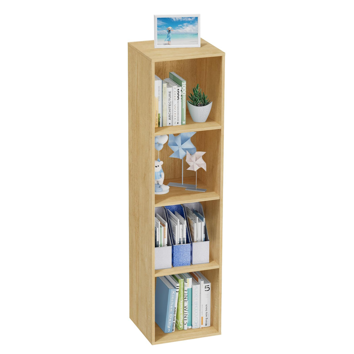 Nestwise 4 Tier Bookshelf, Freestanding Corner Storage Shelve Book Case for Narrow Space, 4 Cube Storage Organizer Small Bookcase for Home Office Living Room (Oak, 4 Cube)