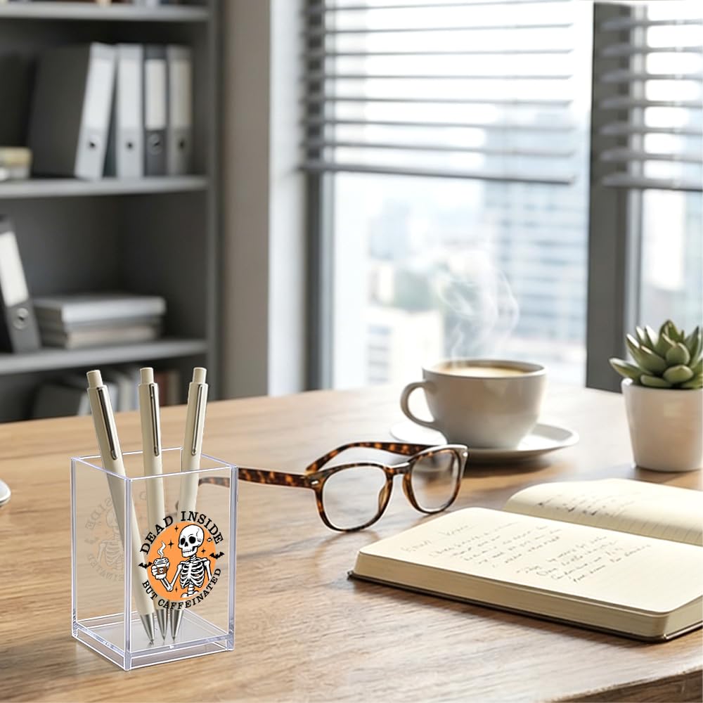 WHTYEFZ Dead Inside But Caffeinated Acrylic Organizer Pencil Pen Holder, Skeleton Coffee Acrylic Desk Organizer, Funny Office Gifts for Coffee-Addicted Coworker Boss, Dark Humor Gifts for Student