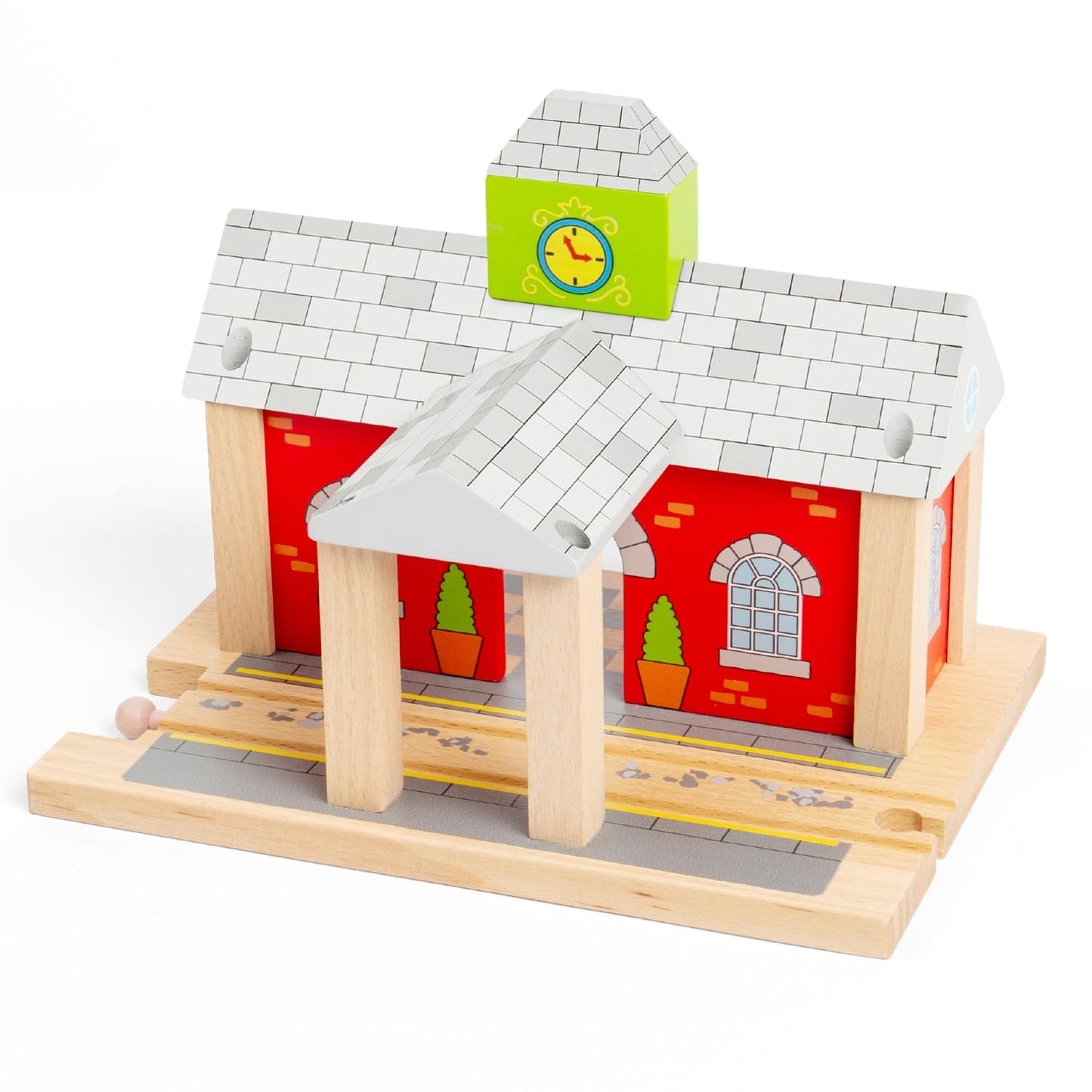 Bigjigs Rail Wooden Train Station | Accessories for Wood Railway Track Set | Toy Engine Parking Playset | Fun Gifts for 3+ Year Old Children | Kids Montessori Learning Tool