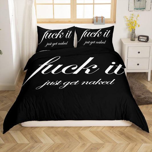 Feelyou Funny Quotes Bedding Set Get Naked Comforter Cover for Couple Lover Men Women Romantic Duvet Cover Black and White Creative Words Room Decor 3Pcs with 2 Pillow Case King Size (No Comforter)