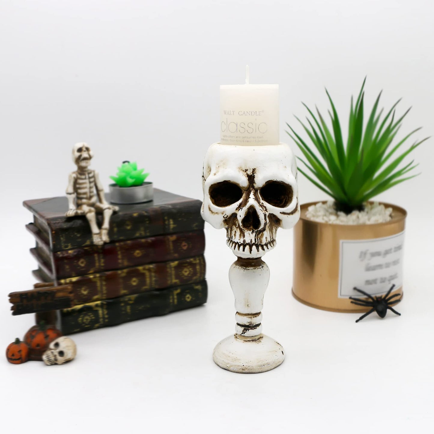 Skull Candle Holder - Gothic Tabletop Cranium Skeleton Head Candlestick Retro Spooky Desktop Tealight Cup Horrible Home Office Bar Party Graveyard Decor