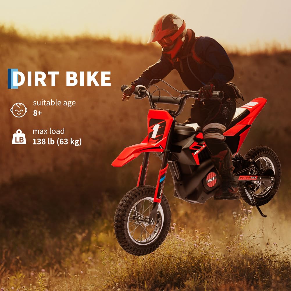 Garvee 24V Kids Electric Off-Road Motorcycle, Ride on 250W Motor 13.6MPH Fast Speed Dirt Bike, Leather Seat, Twist Grip Throttle, Metal Suspension, Air-Filled Tires for Kids Teens Riding Toy, Red