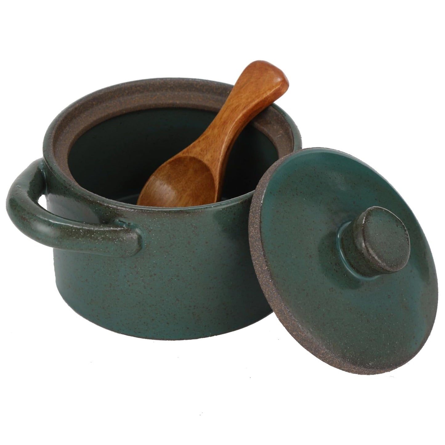 ZALIR Ceramic Salt Cellar with Lid and Wooden Spoon, Rough Pottery Seasoning Pot, 4.3 x 3.5 x 2.4 in Kitchen Jar, Rustic Spice Bowl for Sugar, Salt, Spices