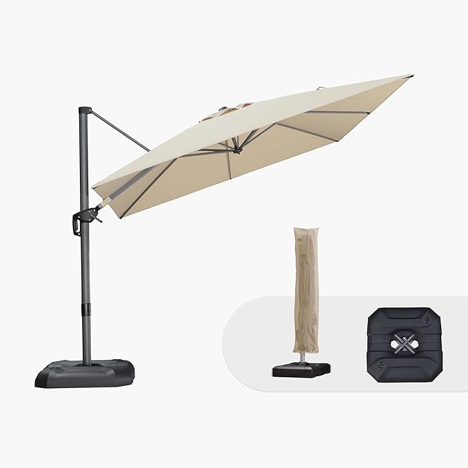 PURPLE LEAF 9'×9' Patio Umbrella with Base Outdoor Cantilever Umbrella with Cover Aluminum Square Offset Umbrella with 360-degree Rotation for Deck Pool Garden Beige