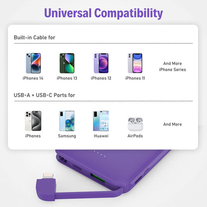 Slim Portable Charger with Built in USB C Cable,20W Fast Charging Power Bank,Small Mini Lightweight Phone Battery Pack 6000mAh,Ultra Thin Travel Essentials for iPhone 17 16 15 Series,Samsung,Android